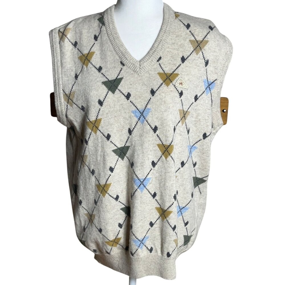 Monte Carlo Collection Argyle Lambswool Sweater Vest Beige Unisex Preppy Mens 42